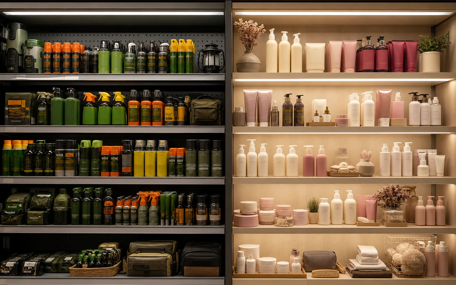 Traditional insect repellent shelf beside a premium beauty and body lotion shelf