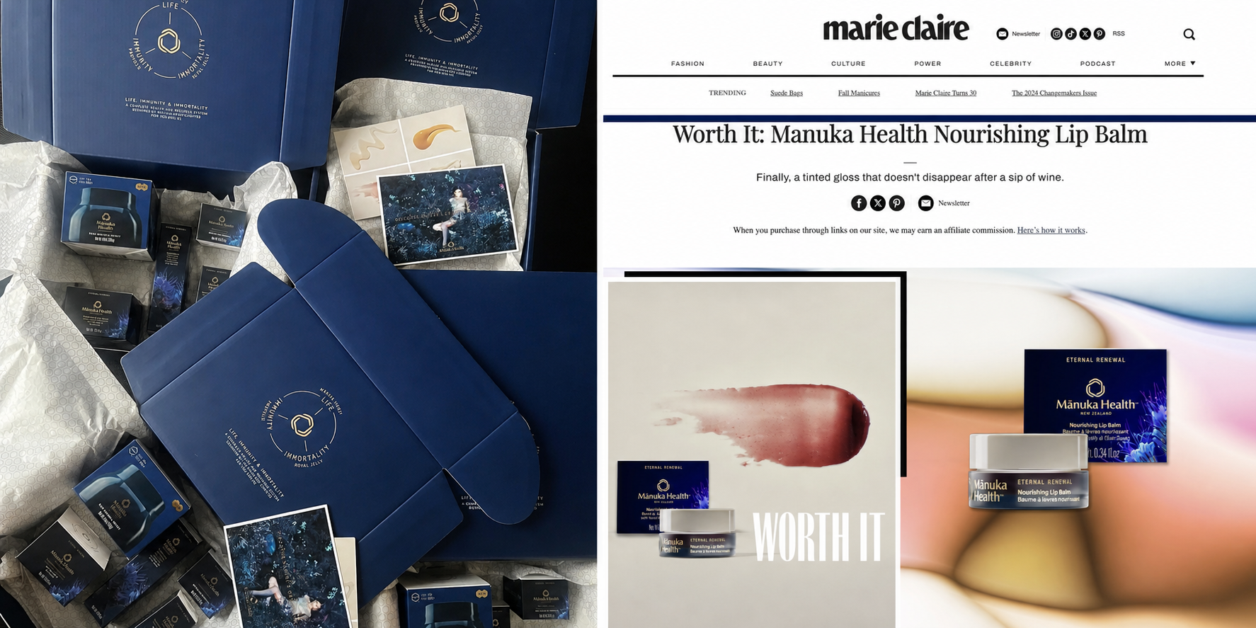 Mānuka Health PR seeding boxes beside Marie Claire editorial coverage